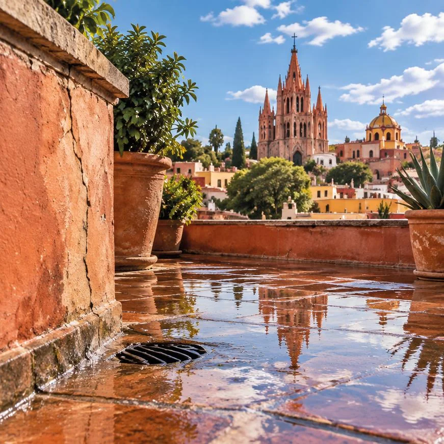 Standing water pooled around a terrace drain after a storm, overlooking the Parroquia of San Miguel de Allende