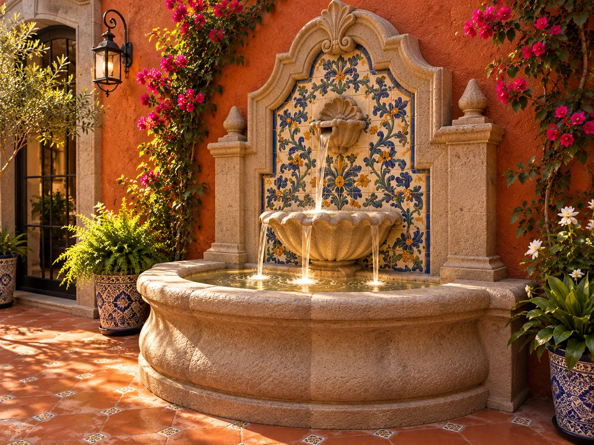Fuente de pared nueva de cantera y talavera con bugambilia en un patio de San Miguel de Allende