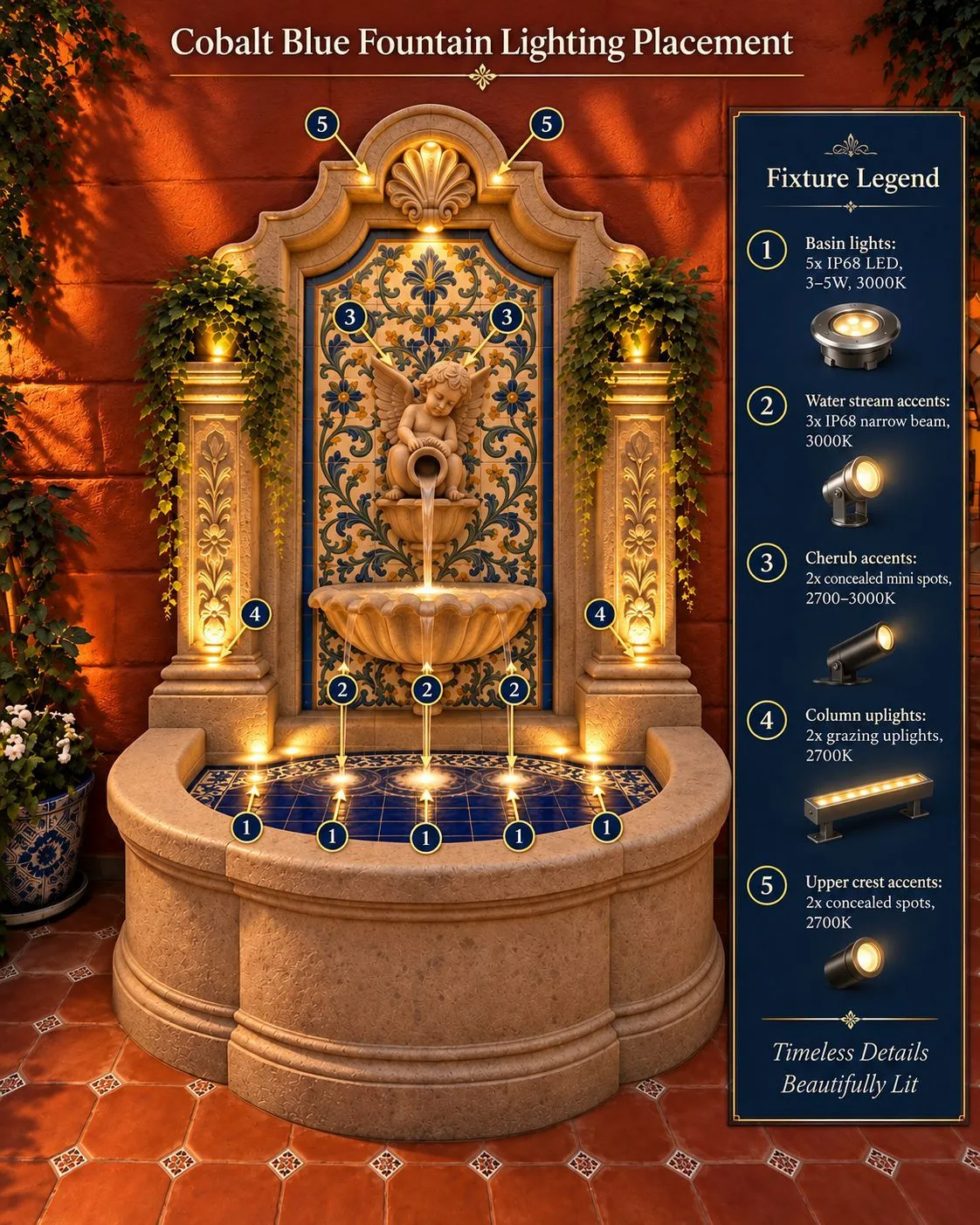 Plano de ubicación de iluminación de una fuente mostrando luces de pileta, acentos para los chorros de agua, acentos para el querubín, luces ascendentes en columnas y acentos en el remate superior de una fuente de pared de cantera y talavera