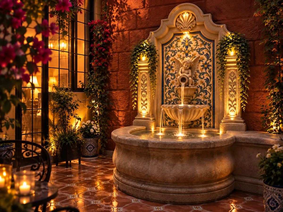 Fuente de patio de cantera y talavera iluminada de noche con luz cálida subacuática y de acento