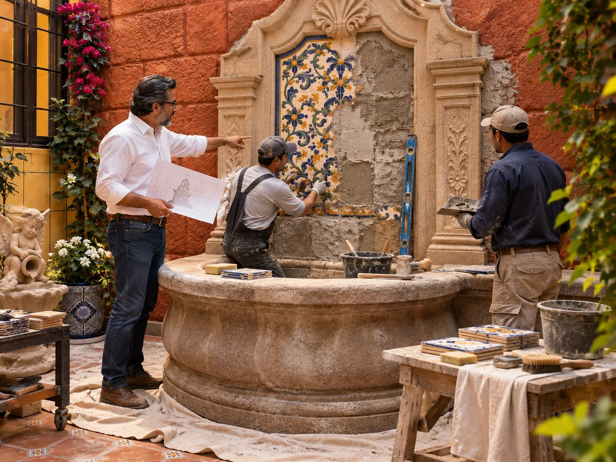 Arquitecto revisando planos mientras artesanos restauran la talavera de una fuente de cantera en un patio