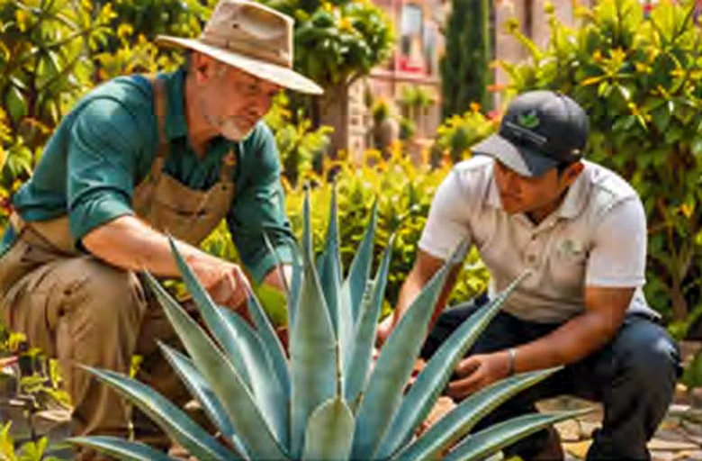 Master gardener teaching a younger team member how to care for an agave
