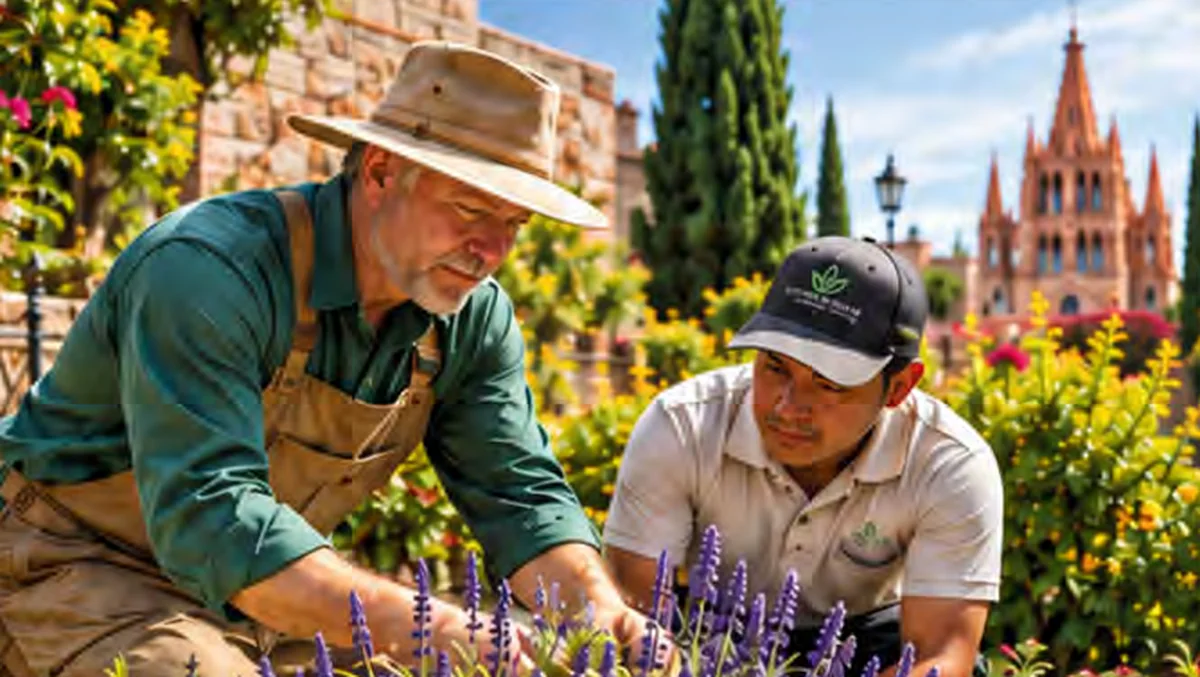 Master gardener and a younger team member planting lavender together in a San Miguel de Allende garden, with the Parroquia in the background