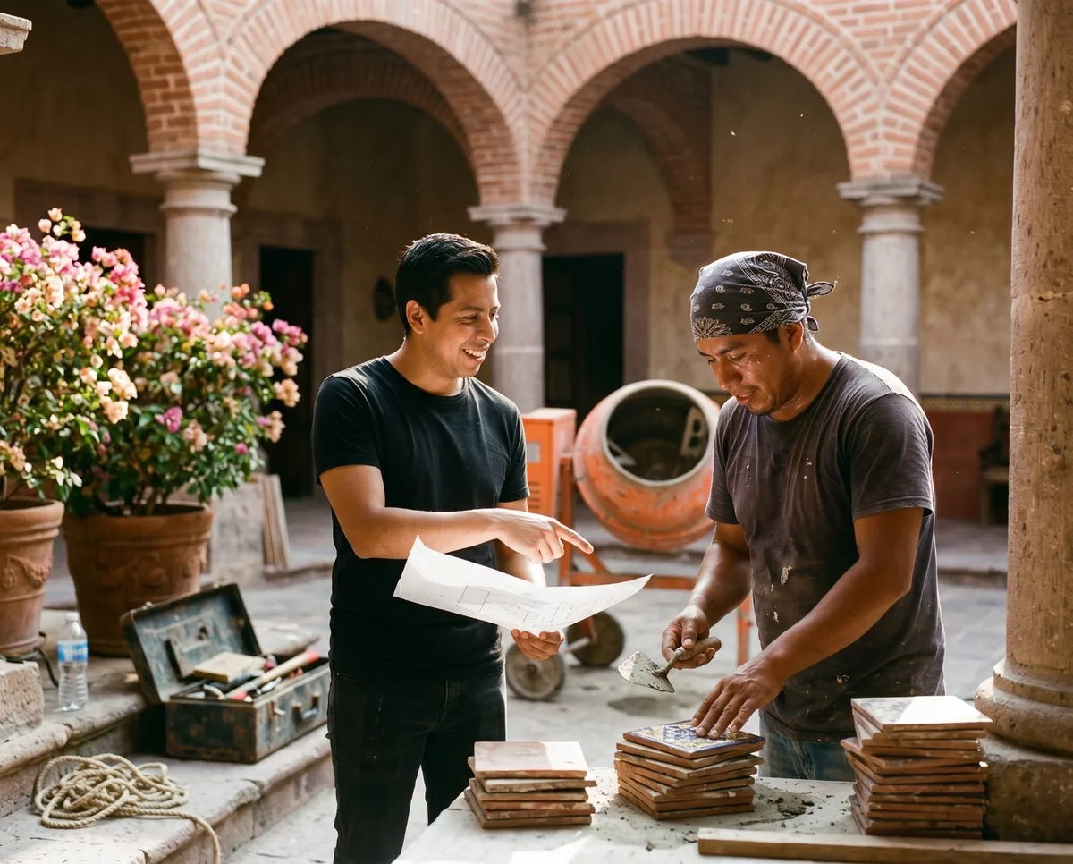 El arquitecto Gustavo Adolfo Jiménez revisando planos en obra con un artesano de azulejos en San Miguel de Allende