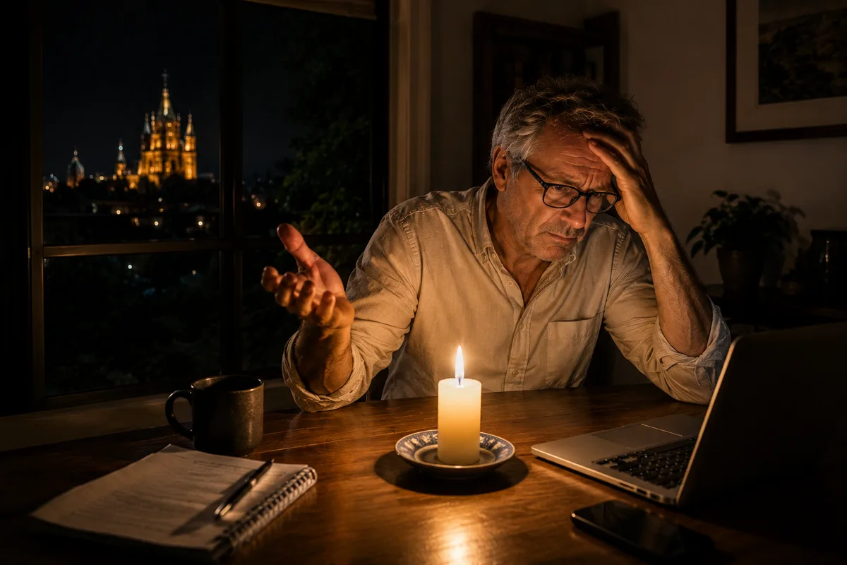 Man working by candlelight during a power outage in San Miguel de Allende