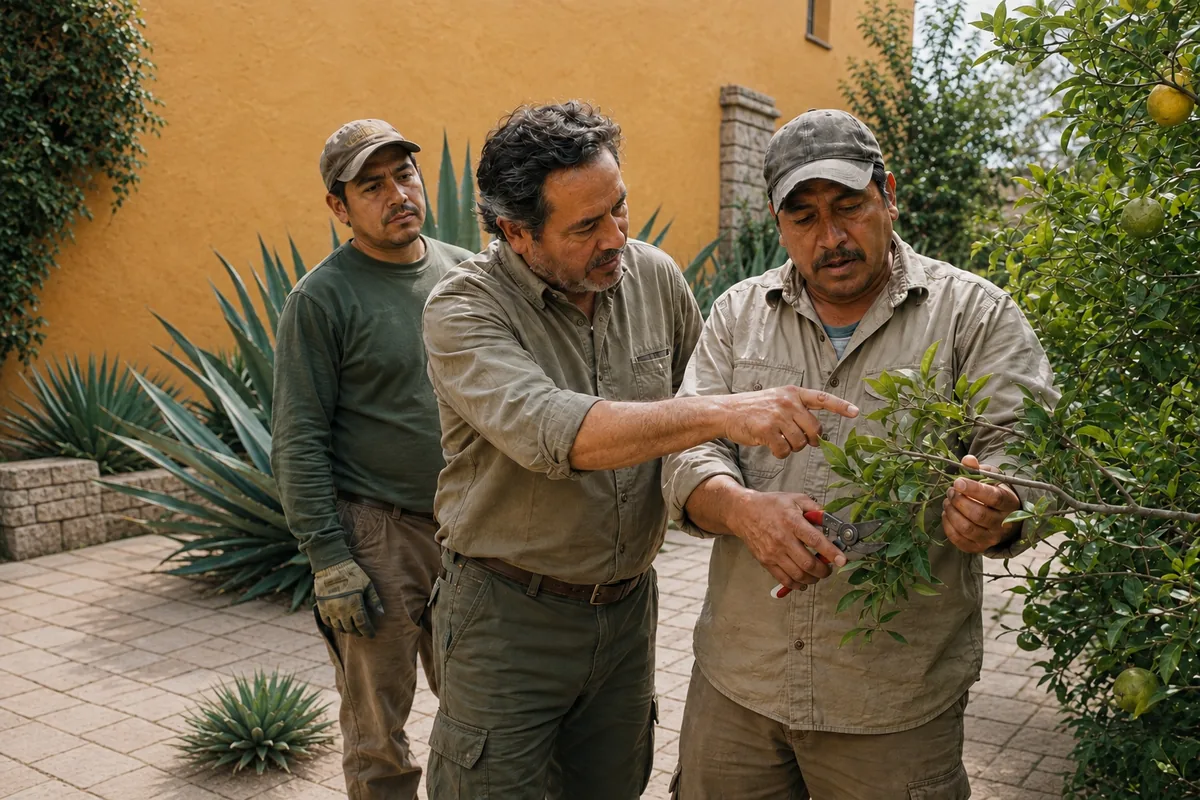 Arquitecto capacitando a jardineros en la poda de un cítrico